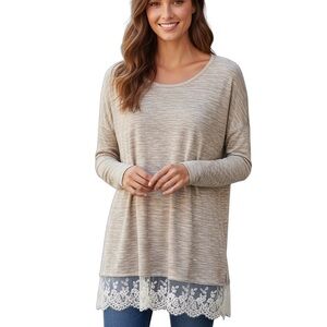 Olivia Sky Lagenlook Neutral Lace Trim Long Sleeve Crewneck Knit Tunic Top 2X
